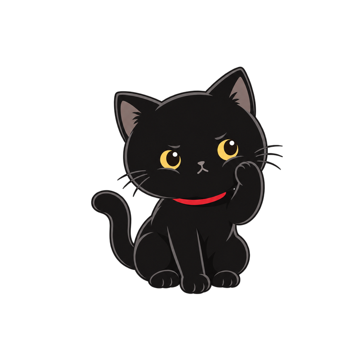 困った顔でほっぺに手をあてる黒猫のイラスト（透過PNG）