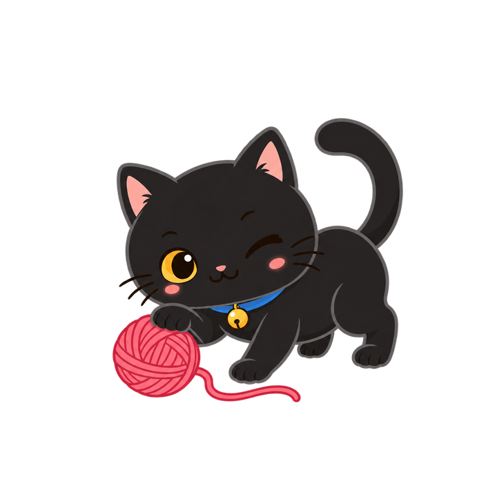 毛糸玉で遊ぶ黒猫のイラスト（透過PNG）