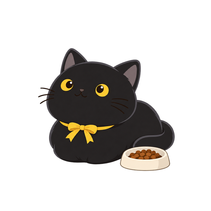 ごはんのそばで香箱座りの黒猫のイラスト（透過PNG）