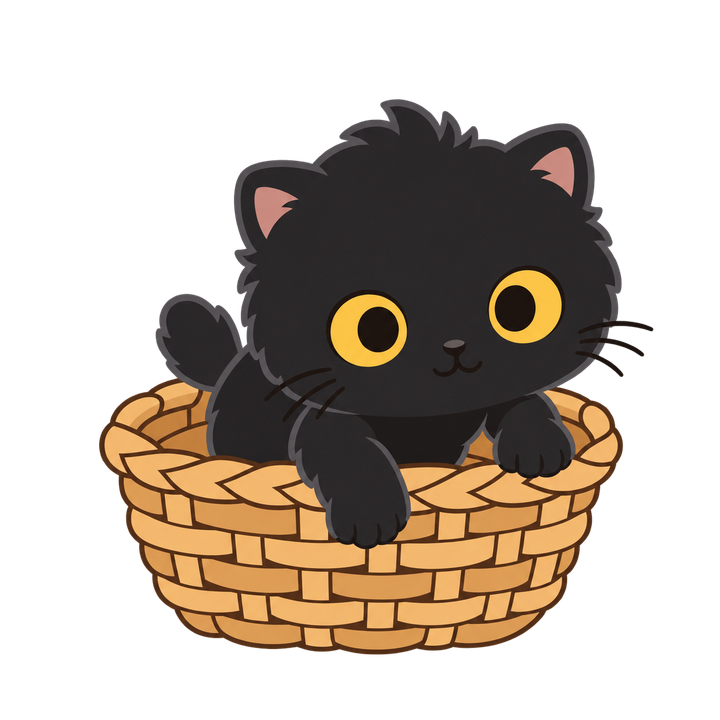 かごに入った黒い子猫のイラスト（黒猫・透過PNG）