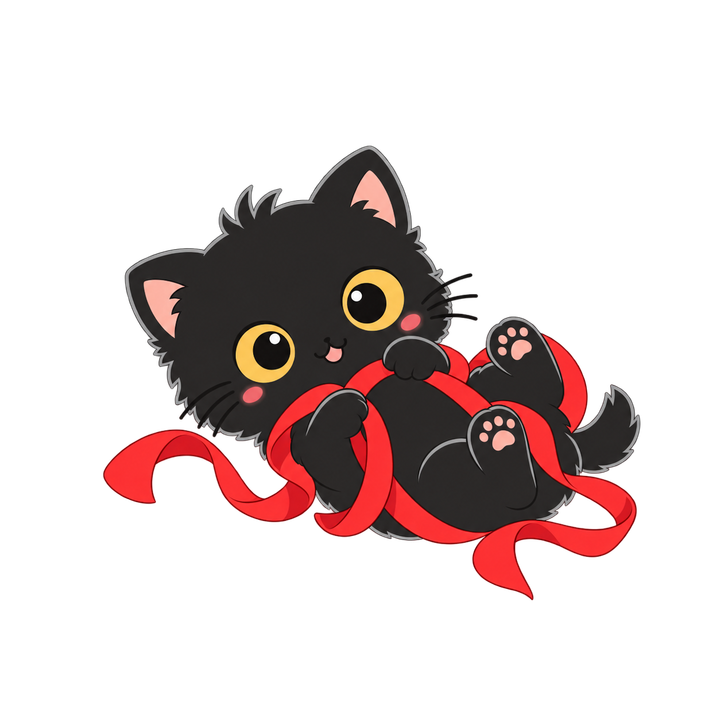 リボンで遊ぶ黒い子猫のイラスト（黒猫・透過PNG）