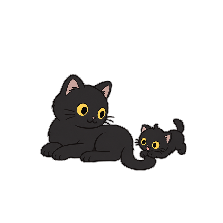 親子で寝そべる黒猫のイラスト（透過PNG）