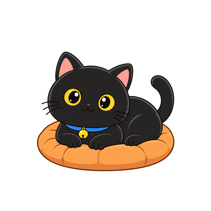 クッションに座る黒猫のイラスト（透過PNG）