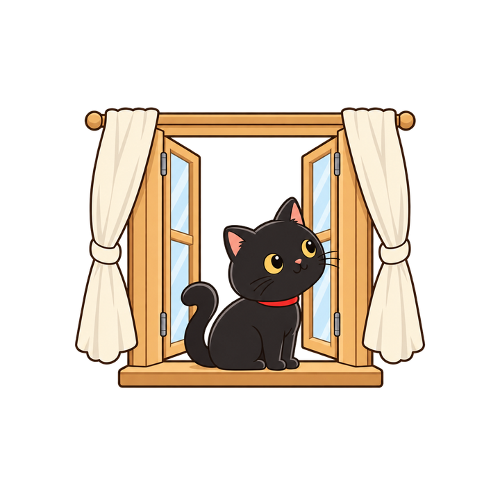 窓辺に座る黒猫のイラスト（透過PNG）