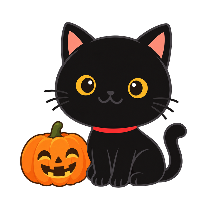 ハロウィンのかぼちゃと黒猫のイラスト（透過PNG）