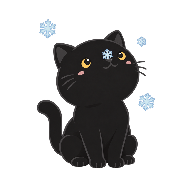 雪を見上げる黒猫のイラスト（透過PNG）