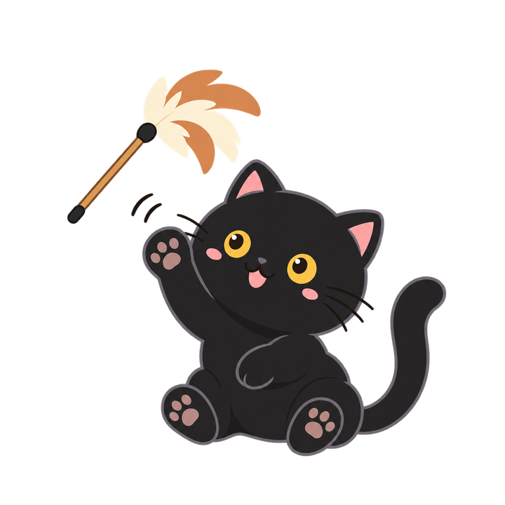 猫じゃらしで遊ぶ黒猫のイラスト（透過PNG）