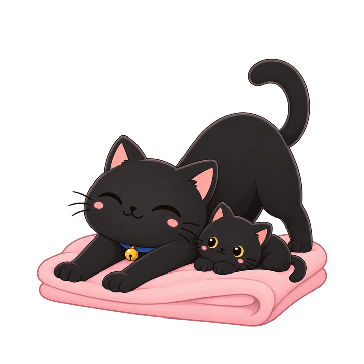 子猫のそばでのびをする黒猫のイラスト（透過PNG）