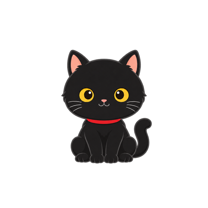 赤い首輪をつけた黒猫のイラスト（透過PNG）