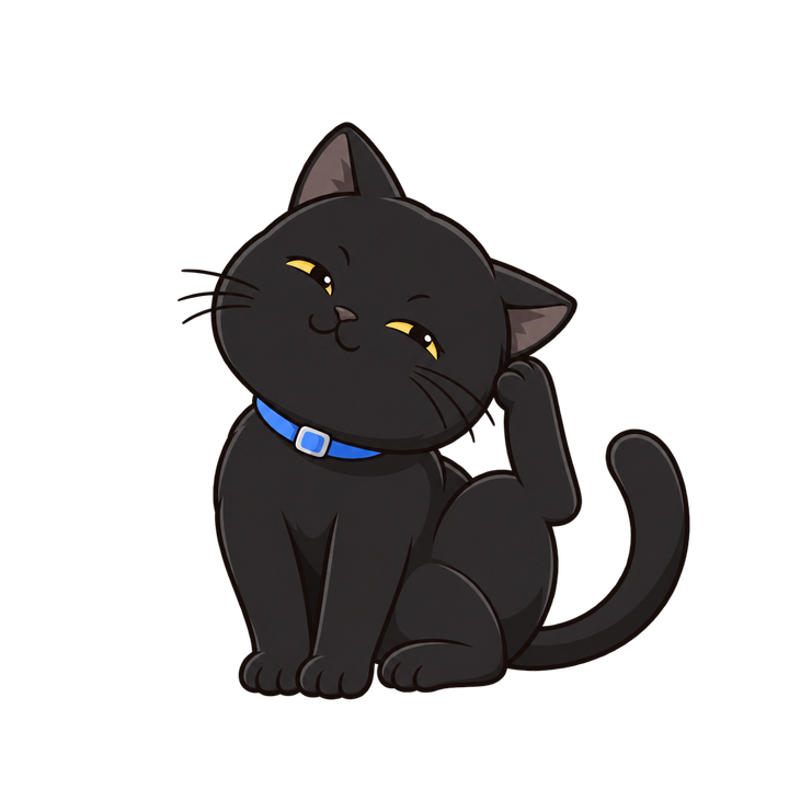 耳をかいてニヤリとする黒猫のイラスト（透過PNG）