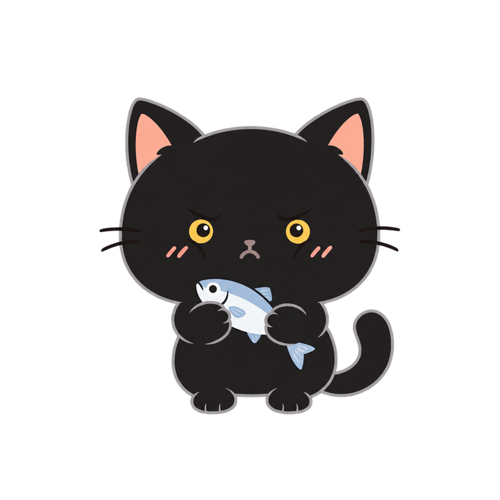 魚を抱える黒猫のイラスト（透過PNG）