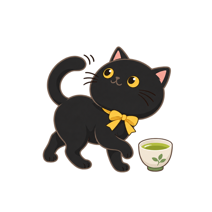 湯のみのそばを歩く黒猫のイラスト（透過PNG）