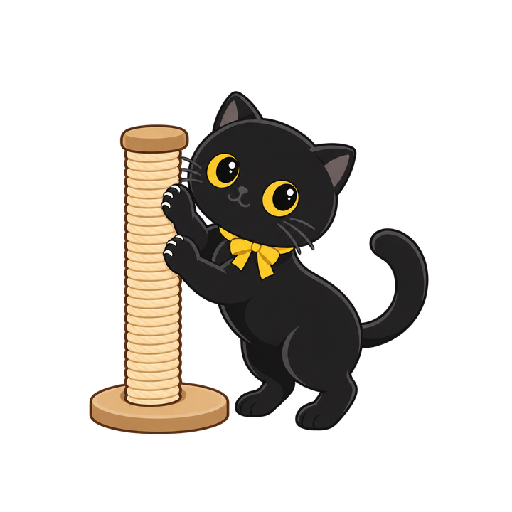 爪とぎをする黒猫のイラスト（透過PNG）
