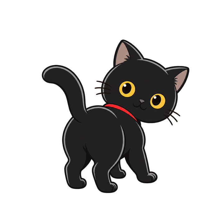 後ろ姿でふりかえる黒猫のイラスト（透過PNG）