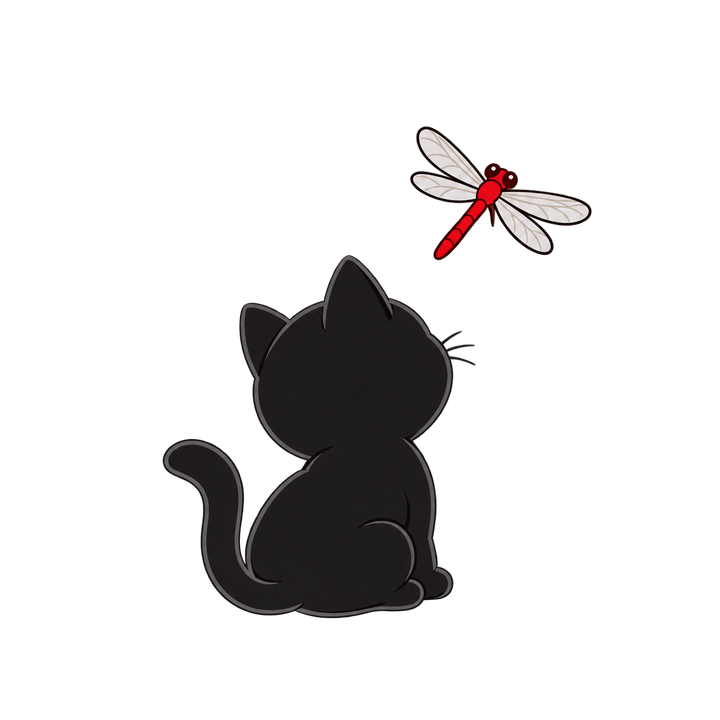 とんぼを見上げる黒猫の後ろ姿のイラスト（透過PNG）