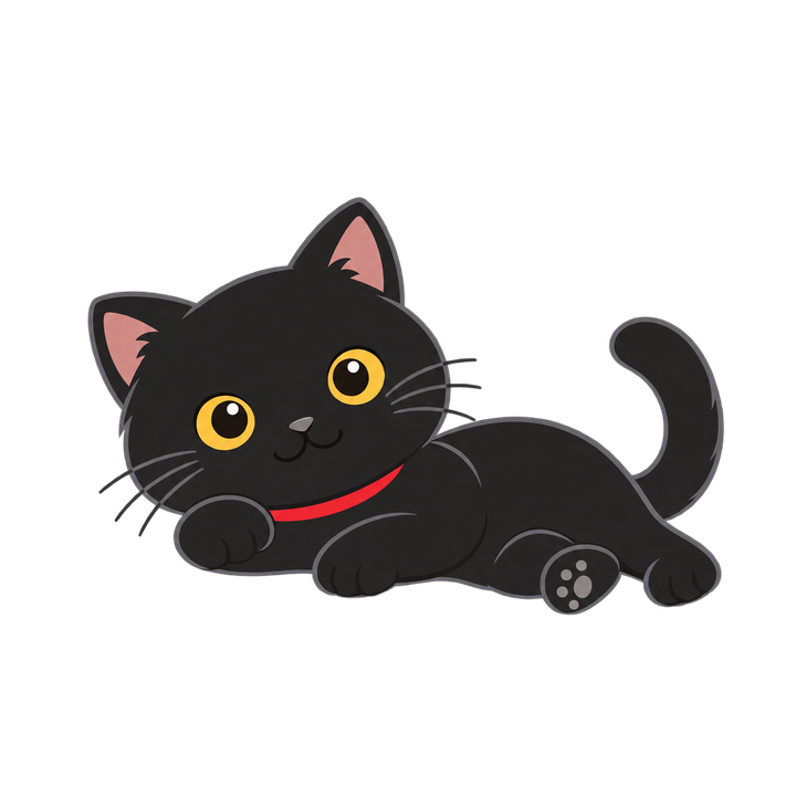 横になってくつろぐ黒猫のイラスト（透過PNG）