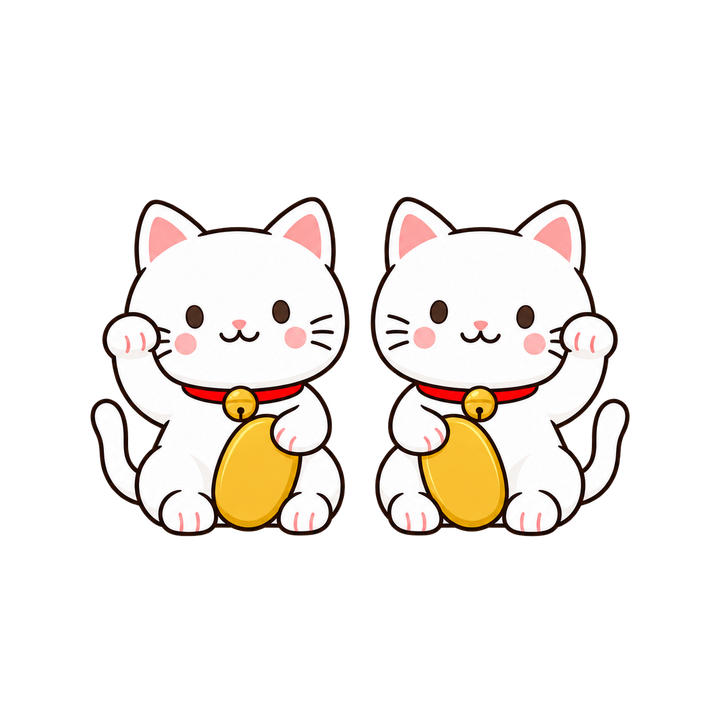 左右の手をあげた二匹の招き猫のイラスト（透過PNG）