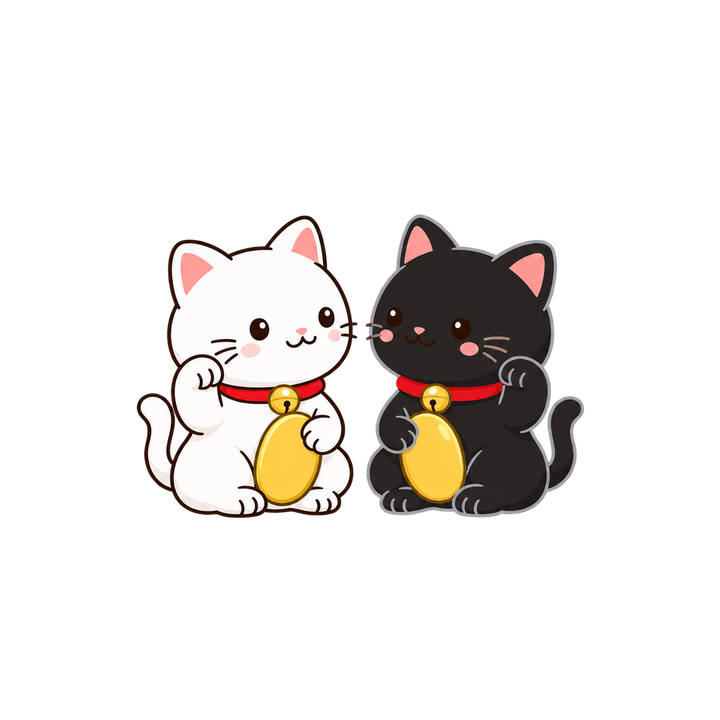 白と黒の二匹の招き猫のイラスト（透過PNG）
