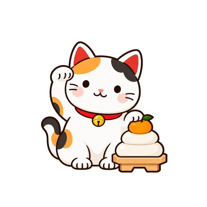 鏡もちとお正月の招き猫のイラスト（透過PNG）