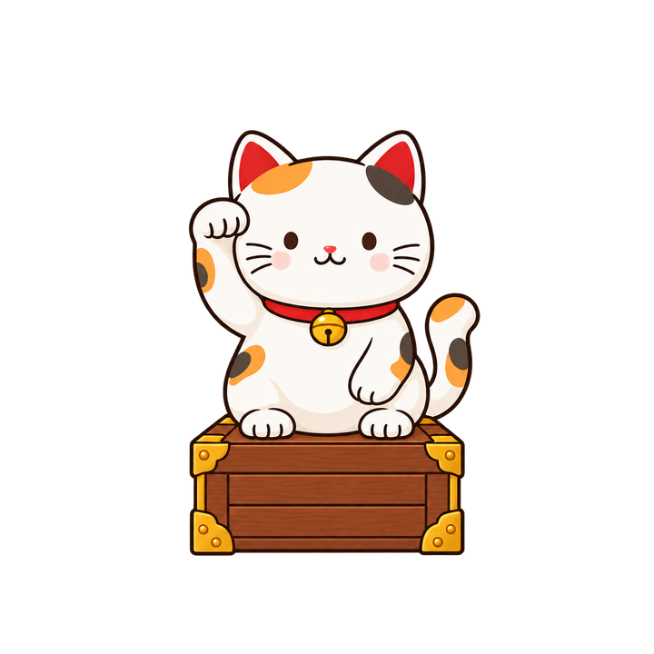 木箱の上の招き猫のイラスト（透過PNG）
