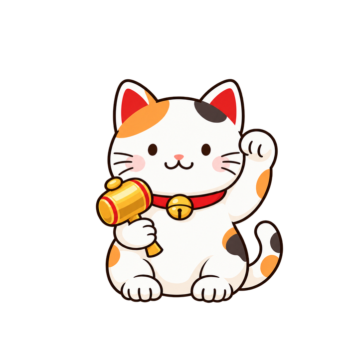 打ち出の小槌を持つ招き猫のイラスト（透過PNG）