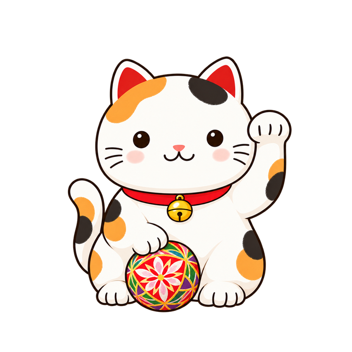 手まりと招き猫のイラスト（透過PNG）