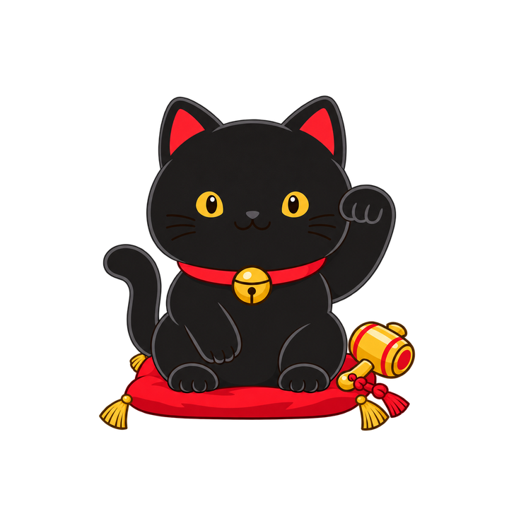 座布団に座る黒い招き猫のイラスト（透過PNG）