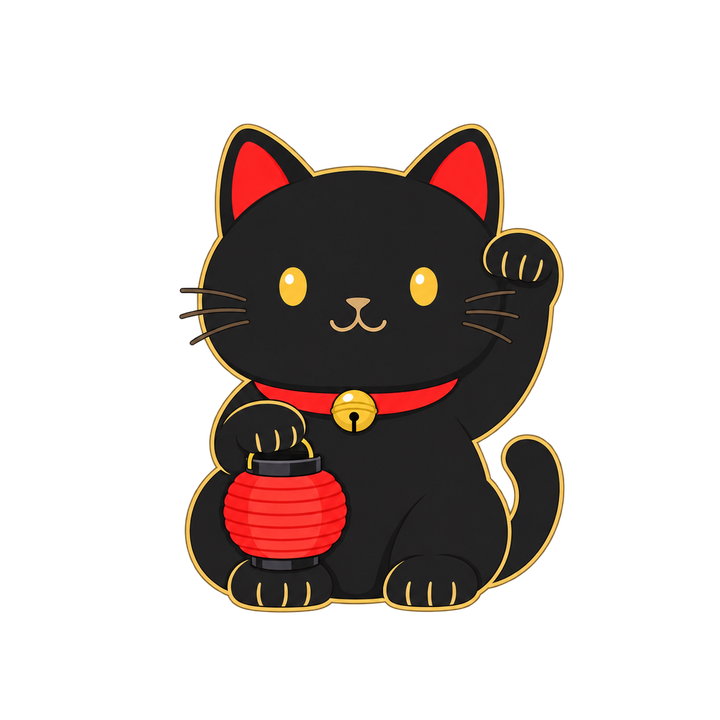 ちょうちんを持つ黒い招き猫のイラスト（透過PNG）
