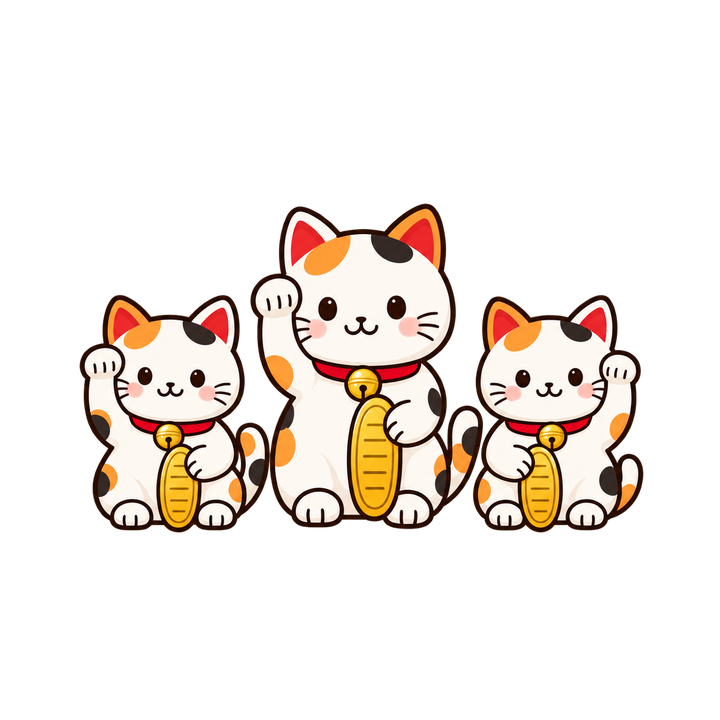 三匹の招き猫のイラスト（透過PNG）