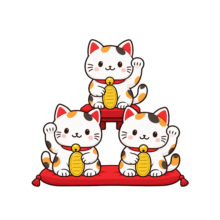 台に並んだ三匹の招き猫のイラスト（透過PNG）