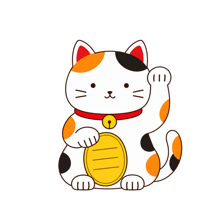 シンプルな三毛の招き猫のイラスト（透過PNG）