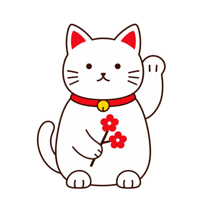 梅の枝を持つ白い招き猫のイラスト（透過PNG）