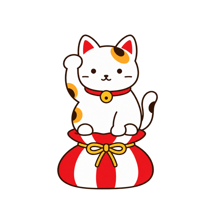 福袋に座る招き猫のイラスト（透過PNG）