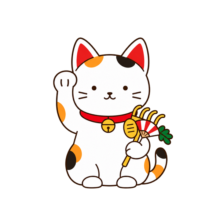 熊手を持った商売繁盛の招き猫のイラスト（透過PNG）