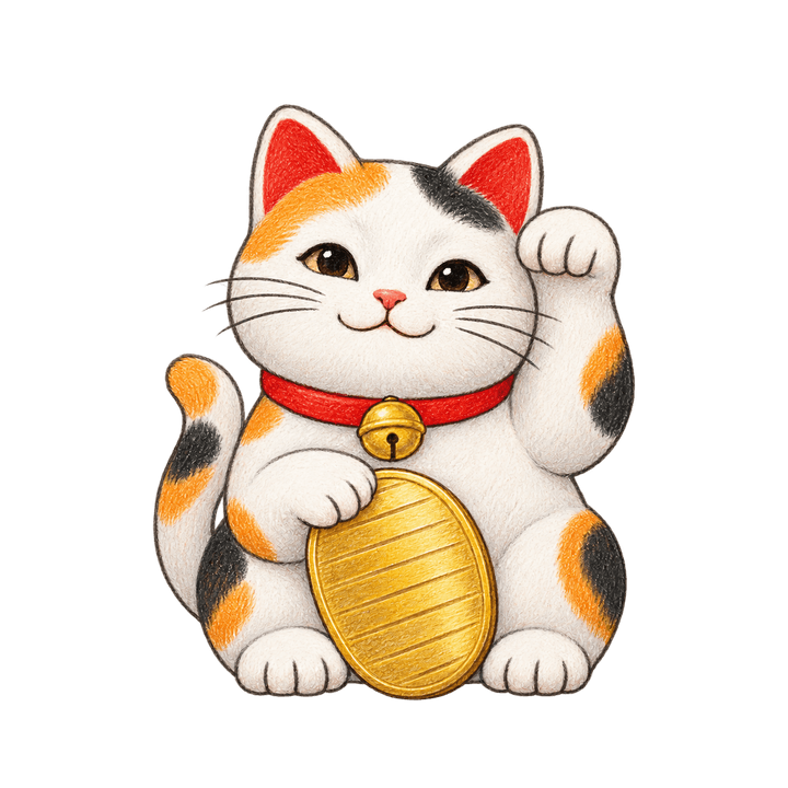 色えんぴつで描いた三毛の招き猫のイラスト（透過PNG）