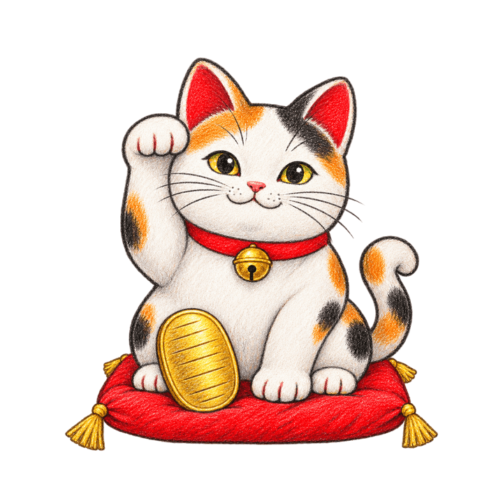 座布団に座る手描き風の招き猫のイラスト（透過PNG）