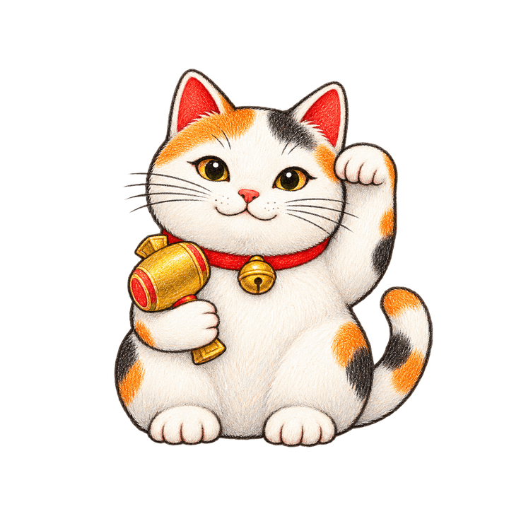 打ち出の小槌を持つ手描き風の招き猫のイラスト（透過PNG）