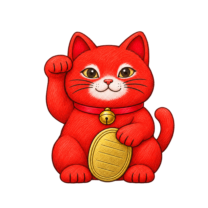 手描き風の赤い招き猫のイラスト（透過PNG）