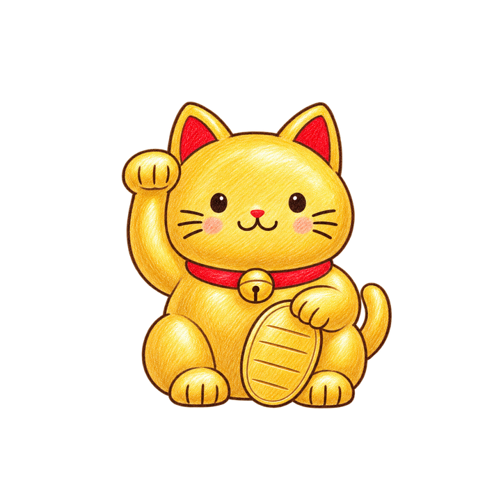手描き風の金色の招き猫のイラスト（透過PNG）