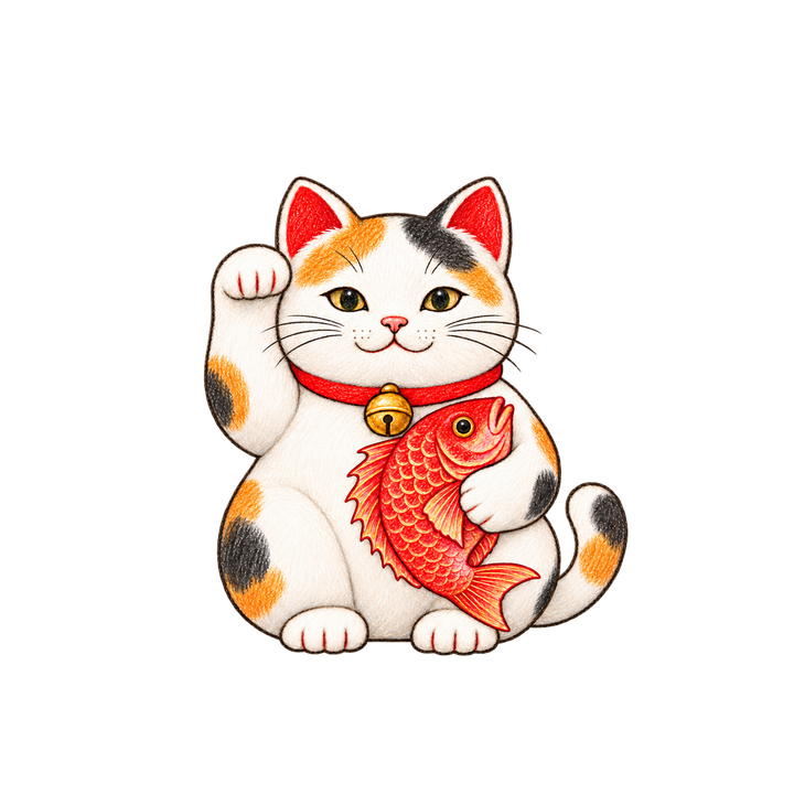 鯛を抱えた手描き風の招き猫のイラスト（透過PNG）