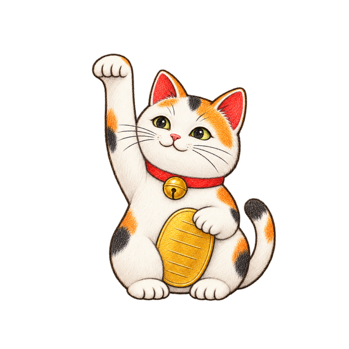 手を高くあげた手描き風の招き猫のイラスト（透過PNG）