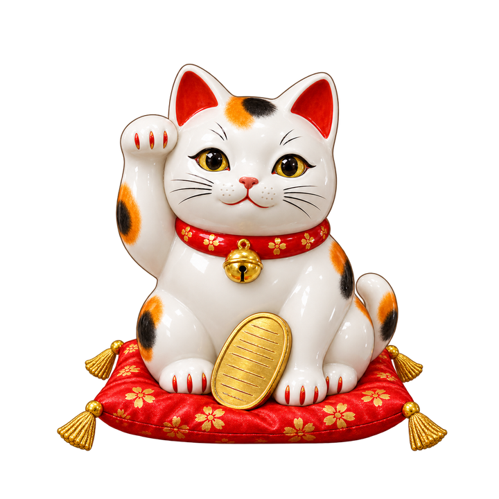 座布団に座る陶器の招き猫のイラスト（透過PNG）