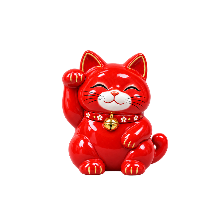 陶器の赤い招き猫のイラスト（透過PNG）