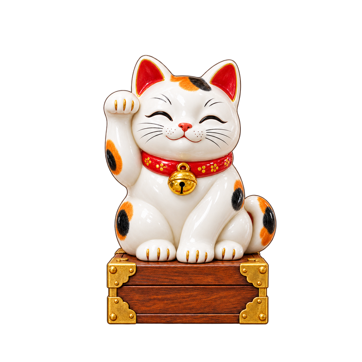 木箱に座る陶器の招き猫のイラスト（透過PNG）