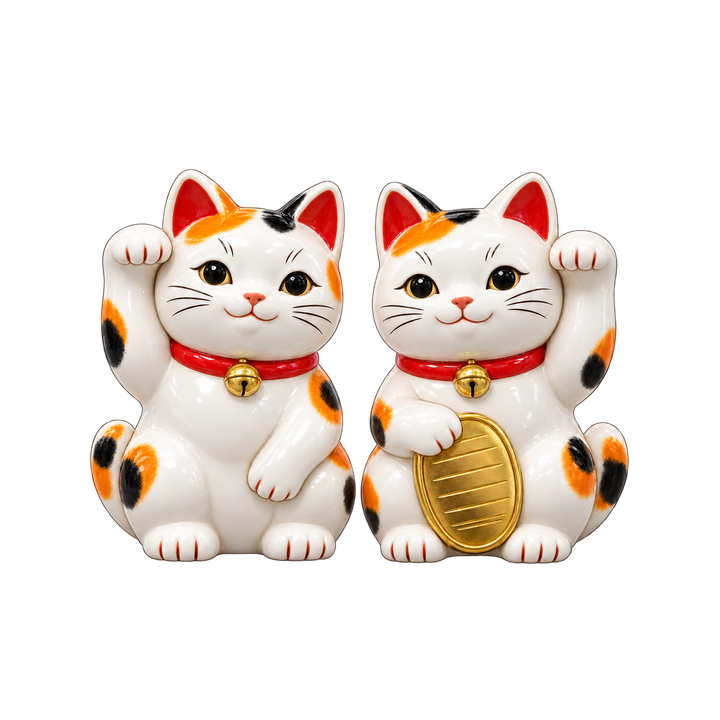 陶器の招き猫のペアのイラスト（透過PNG）