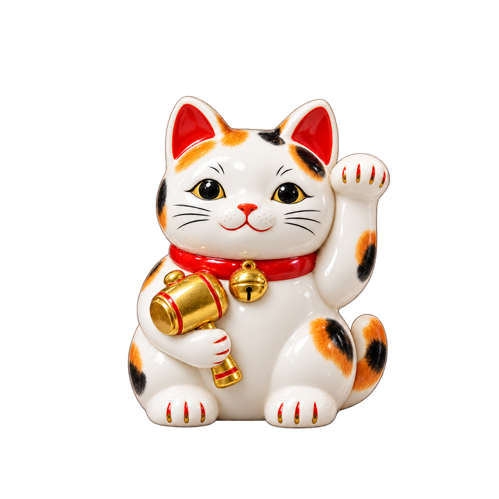 小槌を持つ陶器の招き猫のイラスト（透過PNG）
