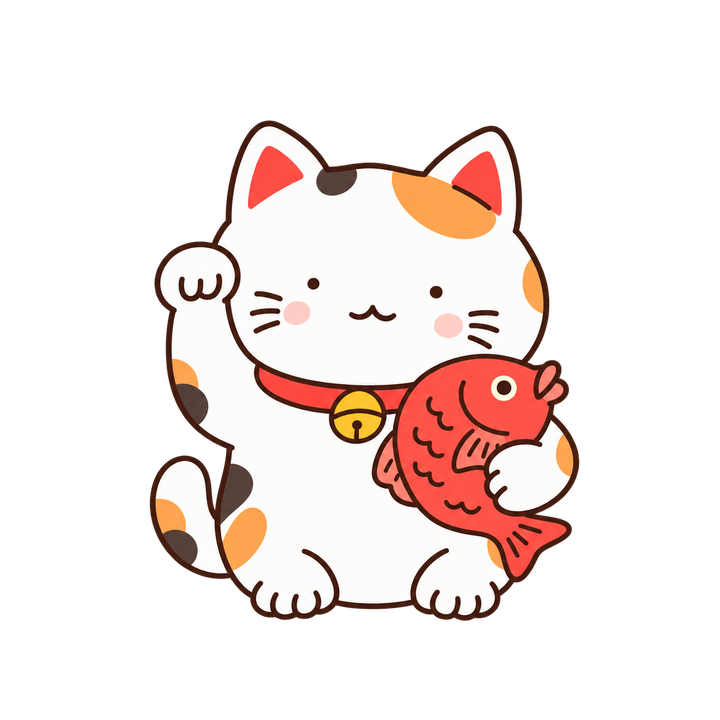 鯛を抱えたゆるい招き猫のイラスト（透過PNG）