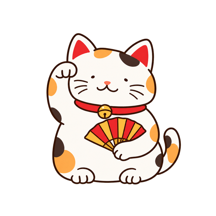 扇子を持つゆるい招き猫のイラスト（透過PNG）