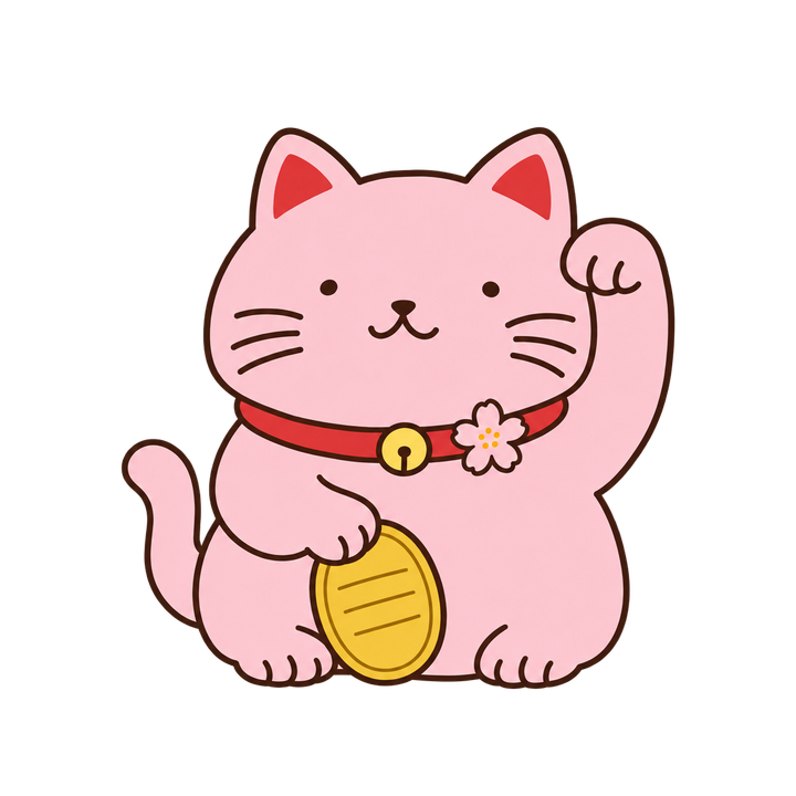 桜をつけたゆるいピンクの招き猫のイラスト（透過PNG）