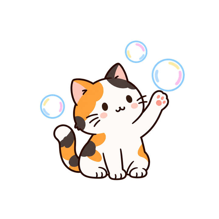 シャボン玉で遊ぶ三毛猫のイラスト（透過PNG）